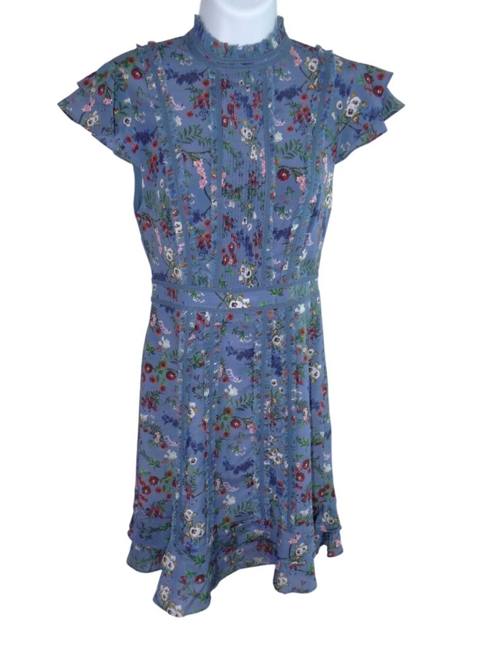 Alice + Olivia Blue Floral Lace Trim Mock Neck Flutter Sleeve Mini Dress Size 2